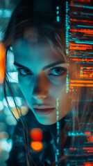 Leinwandbilder - Close-up portrait of female programmer working with futuristic interface and augmented reality data
