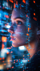 Leinwandbilder - Programmer with source code projected on her face representing the concept of augmented reality and human-computer interaction