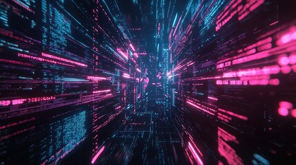 Fototapete - Detailed image of a coding setup with a dark theme, vibrant lines of code rapidly scrolling on a display.