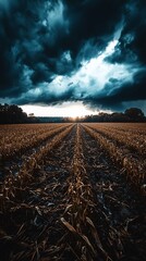 Wall Mural - Dramatic sunset over harvested cornfield.