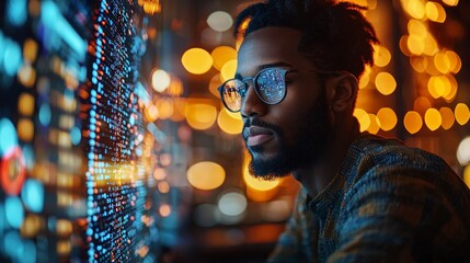 Focused programmer analyzing data on large screen at night