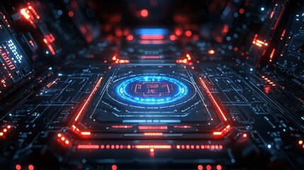 Futuristic tech core, glowing circuits, digital interface, abstract background, sci-fi concept