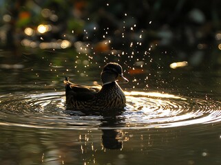 Wall Mural - Duck shaking water, sunset, ripples.