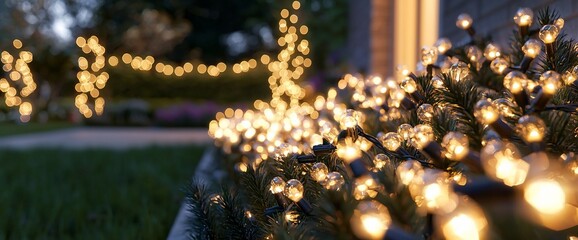 Wall Mural - Warm-toned string lights illuminating greenery at night.