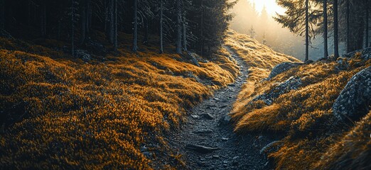 Wall Mural - Sunlit forest path through autumnal foliage.