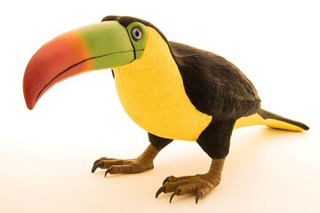 a toucan with its brilliantly colored beak perched elegantly on a white background, its striking fea