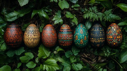 A colorful flat lay of Easter eggs with symmetrical tribal-inspired illustrations, surrounded by fresh greenery.