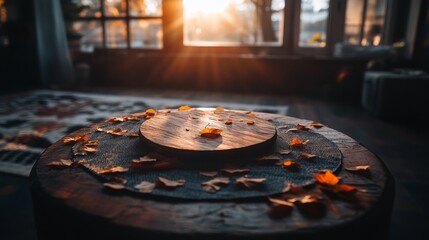 Poster - A wooden table features scattered autumn leaves atop a fabric placemat, illuminated by warm sunlight. The rustic plate adds to the inviting ambiance of the setting