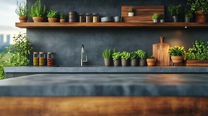 Wall Mural - Modern balcony kitchen with herbs, city view backdrop, for food display