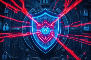 glowing shield and lock protecting data from cyber threats