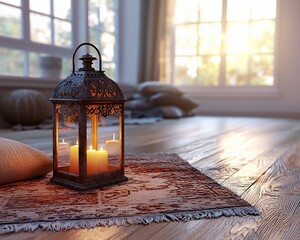 Wall Mural - Serene room with lantern, candles, and pillows.