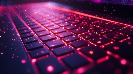 Illuminated keyboard, digital particles, dark background, coding concept, tech website