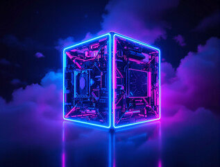 Fototapete - a glowing cube floating in a cloudy, neon-lit sky, with vibrant blue and pink lights illuminating its edges. The cube appears to be a representation of advanced technology or a digital entity, suggest