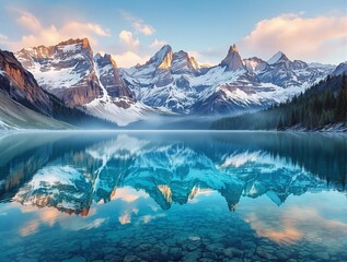 Fototapete - a serene mountain landscape with snow-capped peaks reflected in a calm lake, surrounded by lush forested areas and a vibrant blue sky.