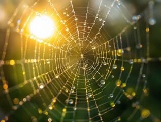  a spider web with dew drops against a blurred background of greenery and a bright light source, likely the sun.