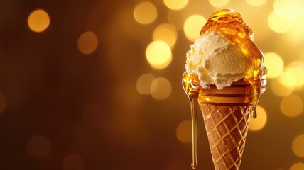 Wall Mural - Ice cream cone drizzled with golden honey, bokeh lights