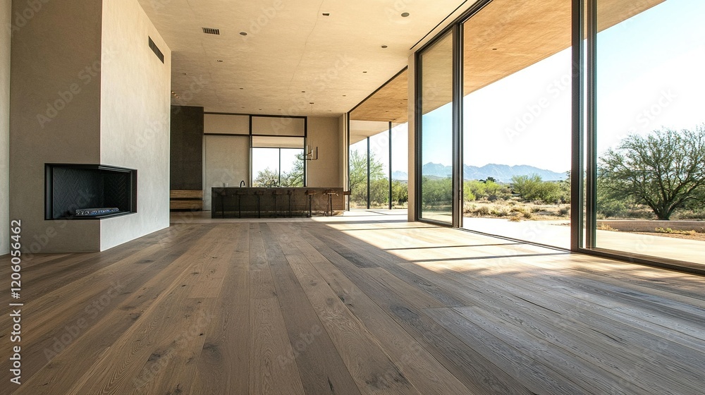 Modern desert home interior with open floor plan, kitchen, mountain ...