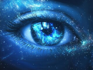 Wall Mural - ethereal cosmic eye with swirling nebulas and stardust, featuring iridescent blue galaxies spiraling