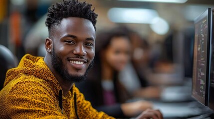 Smiling programmer coding, office background