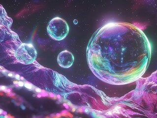 Wall Mural - iridescent soap bubbles floating in cosmic void, prismatic light refracting through translucent sphe