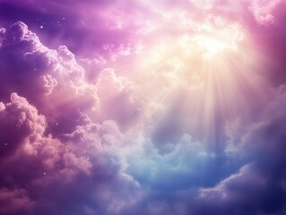Wall Mural - mystical celestial landscape with aurora borealis colors, ethereal light rays piercing clouds, creating divine atmospheric phenomenon