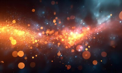 Wall Mural - Vibrant cosmic scene with swirling orange and blue particles, creating a sense of motion in a starry background