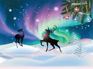 Wall Mural - deers in winter christmas landscape at bright night sky background