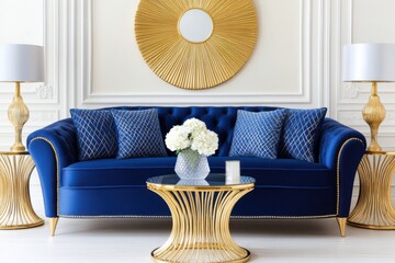 Wall Mural - Luxurious Art Deco living room featuring navy blue tufted sofas and metallic accents with a glamorous atmosphere