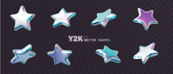 Wall Mural - Holographic star from different angles. Realistic chrome stars isolated. Y2k modern futuristic design aesthetics design element
