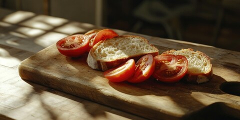 Wall Mural - Wooden cutting board with sliced tomatoes