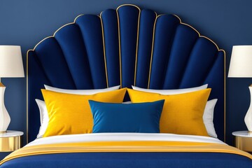 Wall Mural - Stylish Art Deco bedroom featuring luxurious navy blue velvet headboard and elegant gold side tables with cream bedding and geometric patterns