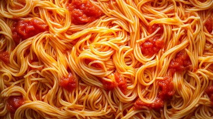 Wall Mural - Delicious Close Up of Freshly Cooked Spaghetti Twirled on a Plate Garnished with Herbs and Sauce