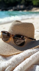 Sticker - Sunglasses and hat on beach towel.