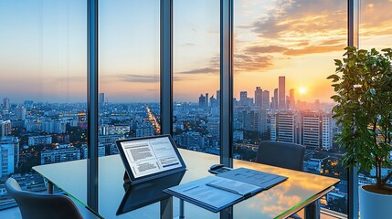 Wall Mural - Sunset cityscape view from modern office.