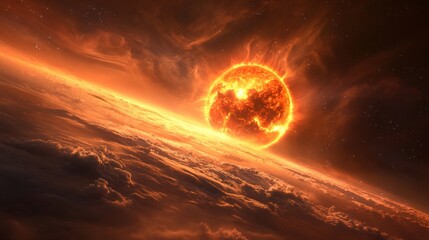 Wall Mural - Majestic View of a Fiery Sun Above a Cloudy Horizon in Space