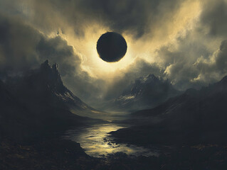 Wall Mural - total solar eclipse observed during daylight with a dramatic sky -