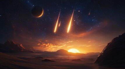 Wall Mural - Mystical celestial landscape with comets and distant planets at dusk