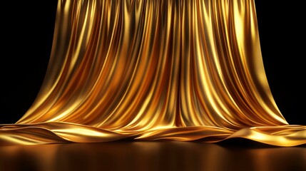 Poster - Luxurious gold curtain drapes elegantly on a dark background, creating a dramatic and sophisticated scene.