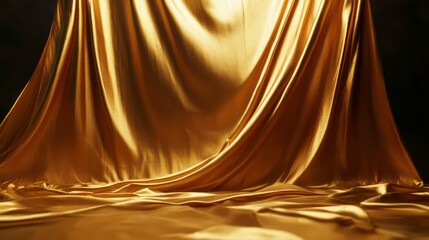 Poster - Luxurious golden silk fabric draped elegantly on dark background.