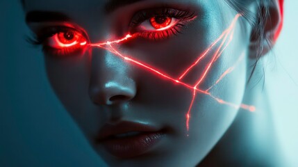 Poster - Close-up portrait of a woman's face with red laser lines across her skin and glowing red eyes.