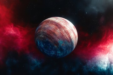 Wall Mural - A celestial spectacle unfolds, a swirling red nebula illuminates a distant, striped gas giant planet against a backdrop of glittering stars, the cosmic expanse whispers secrets of an unknown realm.
