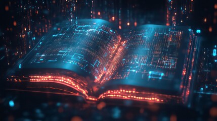 Aufkleber - Glowing digital book open, revealing intricate circuitry and data streams.