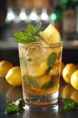 Wall Mural - lemonade with ice and mint leaves refreshing lemonade