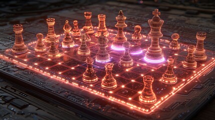 chess set on glowing circuit board