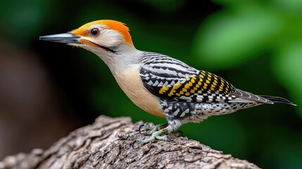 woodpecker perched on branch, green background, wildlife photography, nature