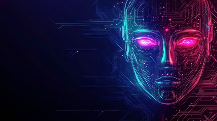 Poster - AI female face, neon glowing circuit lines, futuristic technology concept.