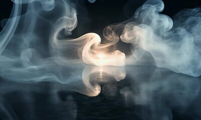 Wall Mural - ethereal smoke swirls over a reflective surface, creating a mystical atmosphere with soft light in t