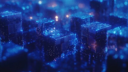 Wall Mural - Ethereal Glowing Cubes in a Dark Blue Digital Landscape