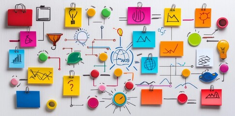 An array of colorful post-it notes spread across a clean office whiteboard, illustrating a hand-drawn website sitemap with arrows, rectangles, and circles, reflecting creativity and organization