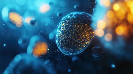 Aufkleber - Abstract sphere with textured surface, glowing in blue and orange light, surrounded by particles and bokeh.